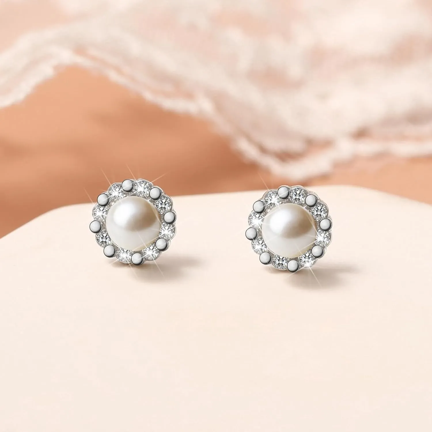 CZ Pearl Halo Earrings Studs for Women S925 Sterling Silver Pearl Stud Earring with Cubic Zirconia Diamond 14K Gold Plated Fancy Pearl Earring Hypoallergenic Birthday Jewelry To Mom Daughter