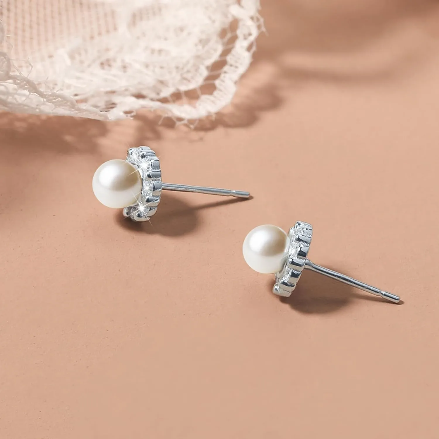 CZ Pearl Halo Earrings Studs for Women S925 Sterling Silver Pearl Stud Earring with Cubic Zirconia Diamond 14K Gold Plated Fancy Pearl Earring Hypoallergenic Birthday Jewelry To Mom Daughter