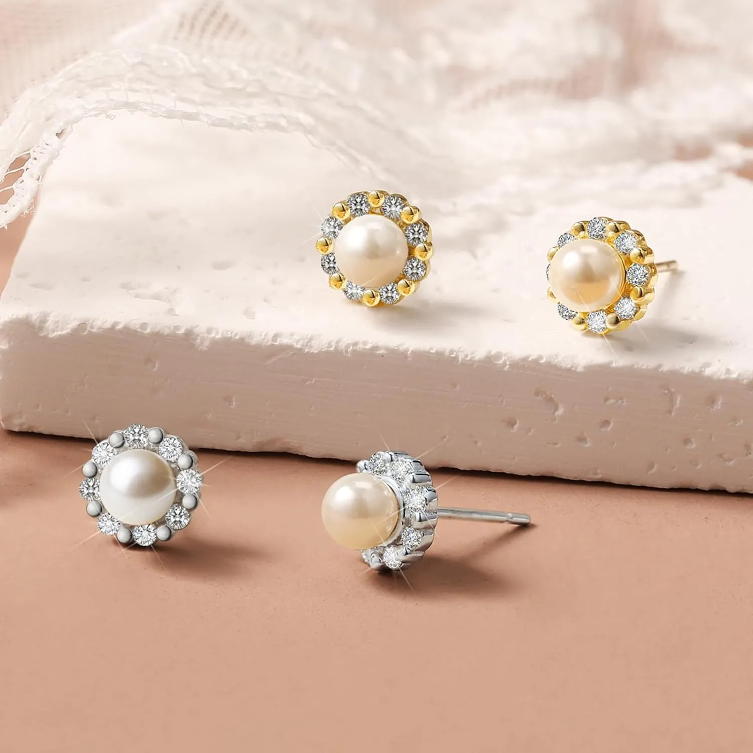 CZ Pearl Halo Earrings Studs for Women S925 Sterling Silver Pearl Stud Earring with Cubic Zirconia Diamond 14K Gold Plated Fancy Pearl Earring Hypoallergenic Birthday Jewelry To Mom Daughter
