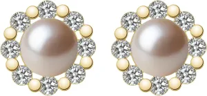 CZ Pearl Halo Earrings Studs for Women S925 Sterling Silver Pearl Stud Earring with Cubic Zirconia Diamond 14K Gold Plated Fancy Pearl Earring Hypoallergenic Birthday Jewelry To Mom Daughter