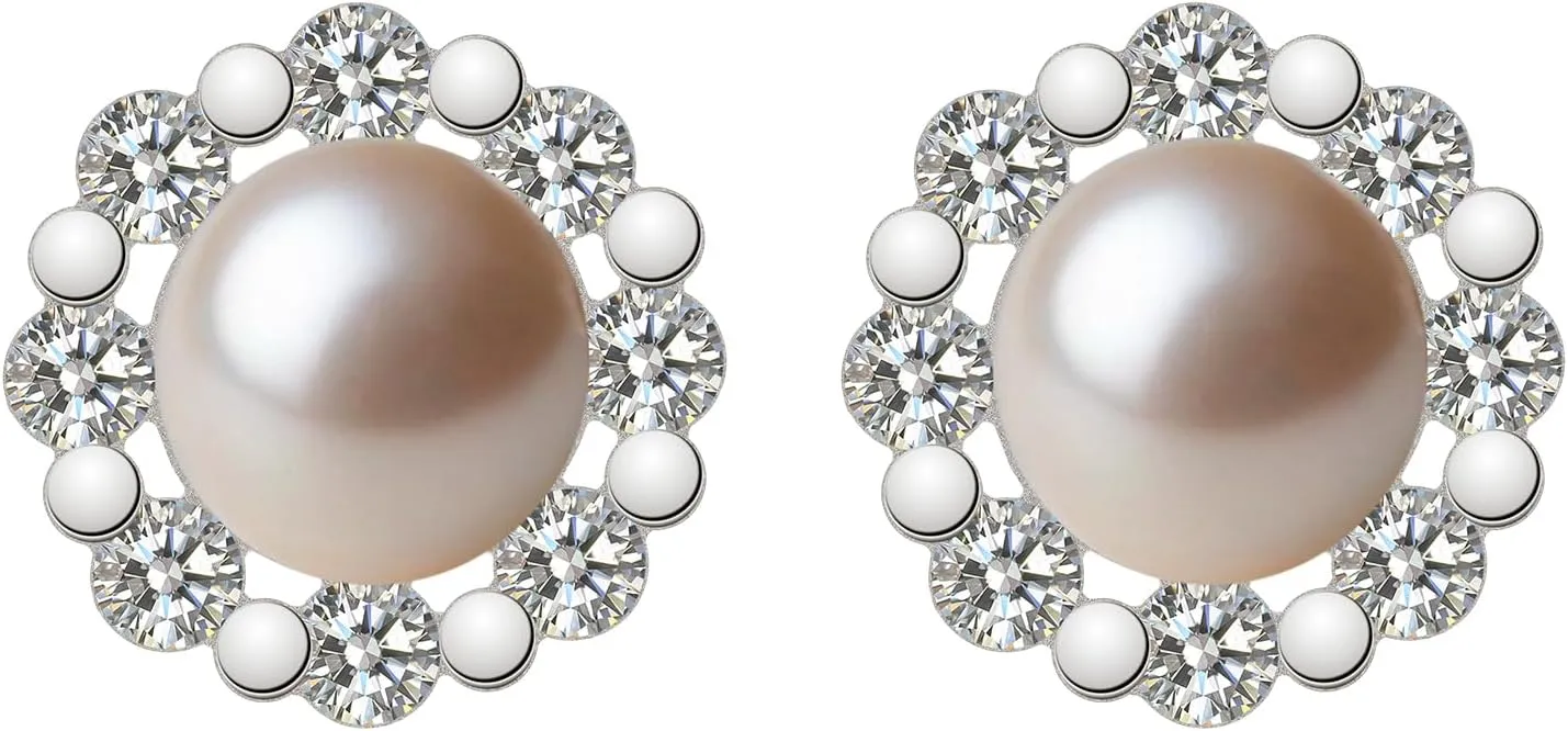 CZ Pearl Halo Earrings Studs for Women S925 Sterling Silver Pearl Stud Earring with Cubic Zirconia Diamond 14K Gold Plated Fancy Pearl Earring Hypoallergenic Birthday Jewelry To Mom Daughter