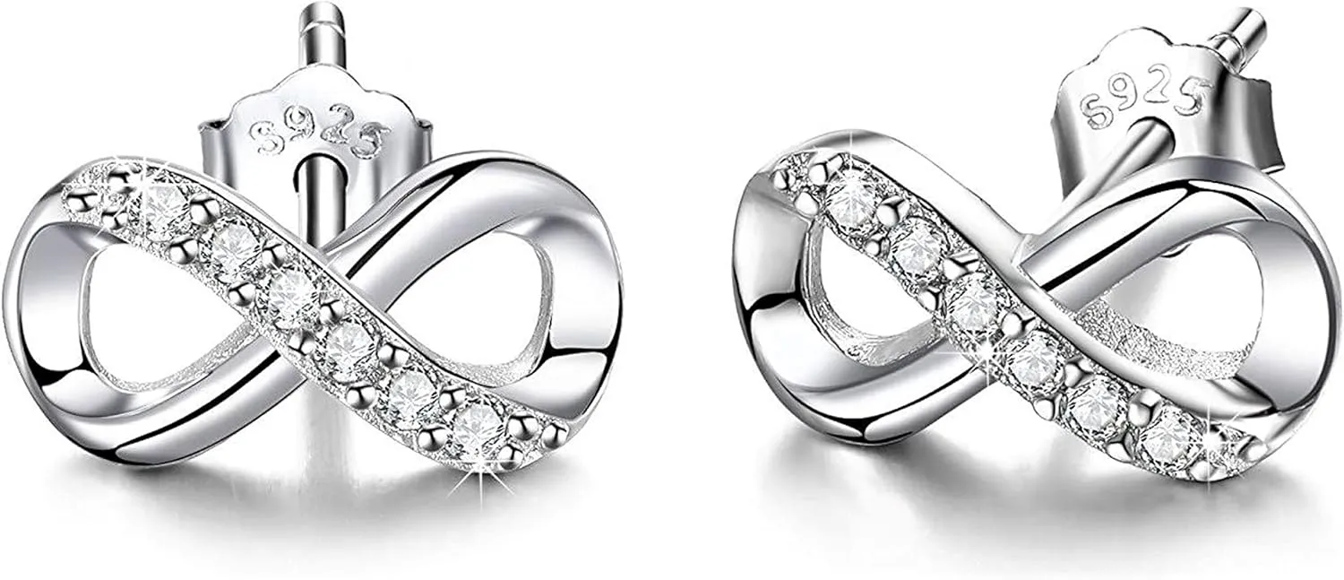 CZ Stud Earrings Ladies Zirconia Ear Studs, Infinity 925 Sterling Silver Number Eight Stud Earrings for Women