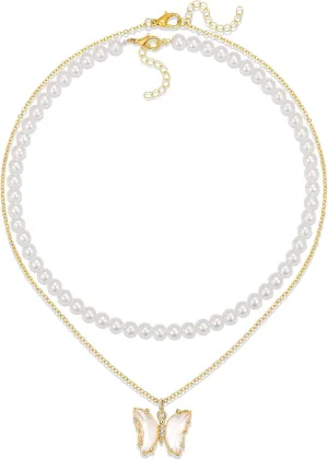 Dainty 18K Gold Pearl Necklace for Women with Butterfly Pendant Minimalist Pearl Layered Choker Necklace Jewelry Gift