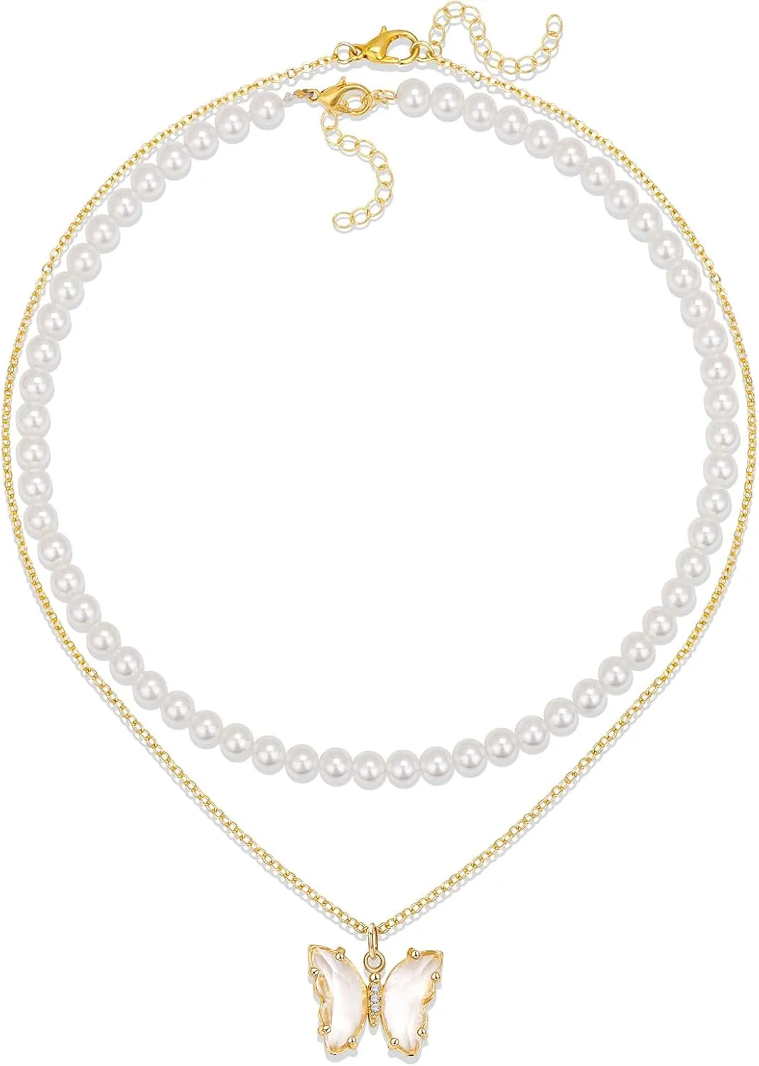 Dainty 18K Gold Pearl Necklace for Women with Butterfly Pendant Minimalist Pearl Layered Choker Necklace Jewelry Gift