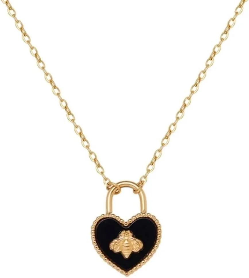 Dainty 18K Karat Gold Plated Heart and Bee Pendant Necklace for Women - Trendy Charm Necklace on 16-inch Cuban Link Chain - Mothers Day Gift for Mom- Nickel Free, Hypoallergenic, Waterproof