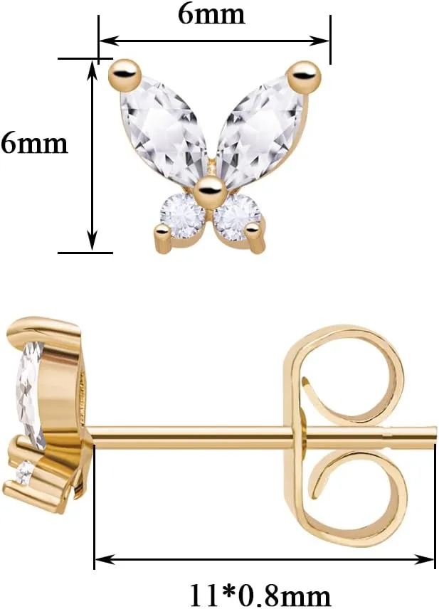 Dainty CZ Butterfly Earrings 14K Gold Plated Butterfly Stud Small Marquise Cubic Zirconia Animal Earring Minimalist Mari Earrings Stud for Women Gift