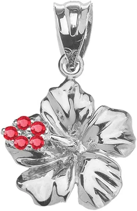Dainty Sterling Silver Red CZ Caribbean Hibiscus (Malvaceae) Pendant Necklace