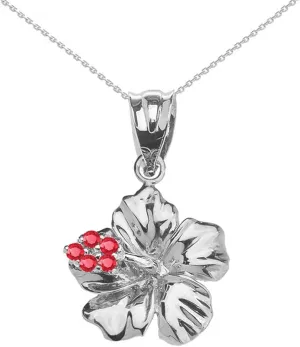 Dainty Sterling Silver Red CZ Caribbean Hibiscus (Malvaceae) Pendant Necklace