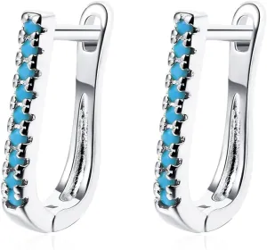 Dainty Turquoise Oval Small Hoop Earrings for Women Girls Sensitive Ear Sterling Silver Plated Bar Stud Post Huggie Hoops Hypoallergenic Delicate Geometric Fashion Jewelry Gifts for Mom Wife Girlfriend