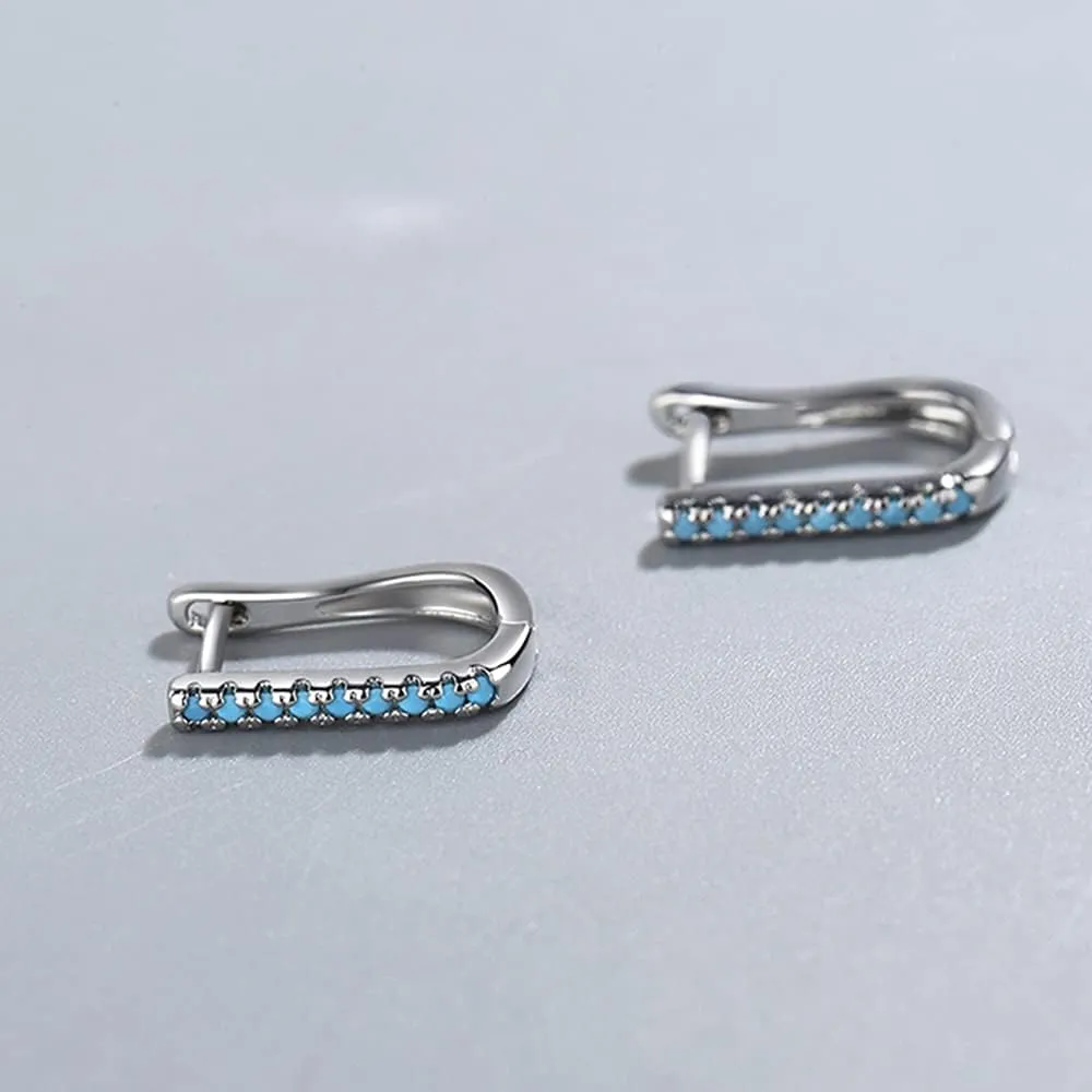 Dainty Turquoise Oval Small Hoop Earrings for Women Girls Sensitive Ear Sterling Silver Plated Bar Stud Post Huggie Hoops Hypoallergenic Delicate Geometric Fashion Jewelry Gifts for Mom Wife Girlfriend
