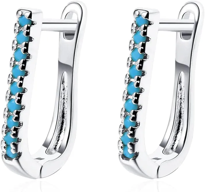 Dainty Turquoise Oval Small Hoop Earrings for Women Girls Sensitive Ear Sterling Silver Plated Bar Stud Post Huggie Hoops Hypoallergenic Delicate Geometric Fashion Jewelry Gifts for Mom Wife Girlfriend