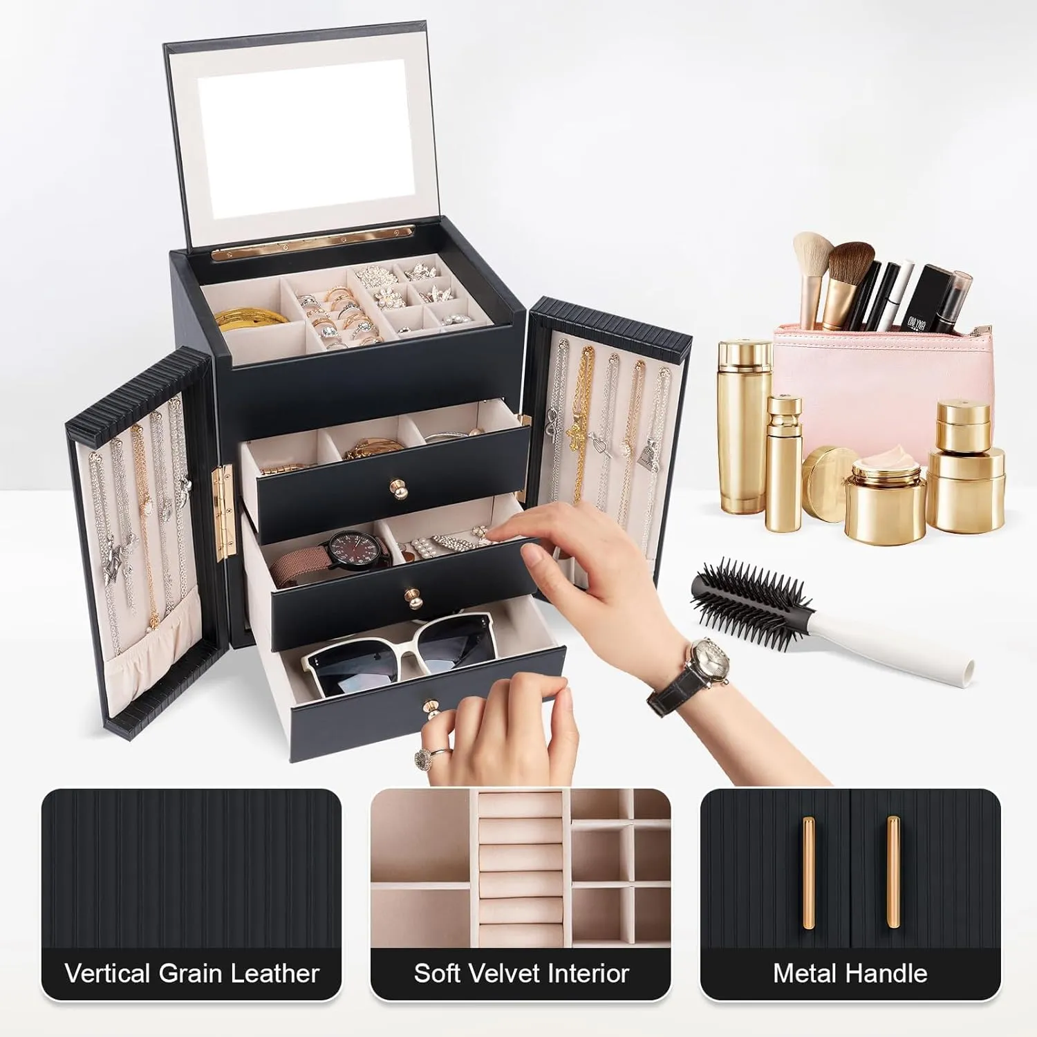Dajasan Large Jewelry Box for Women, Jewelry Organizer Box with 3 Drawers, Jewelry Storage Organizer with Mirror for Necklace Ring Bracelet Watch, Gift Idea, 8.7 x 7.5 x 9.8 Inches (Black)