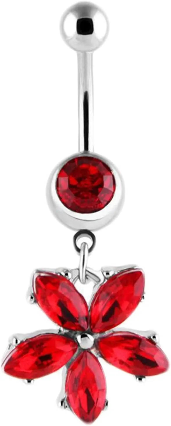 Dangle Belly Button Rings, Belly Button Rings Colorful Stainless Steel Belly Button Nails Flower with Cubic Zirconia
