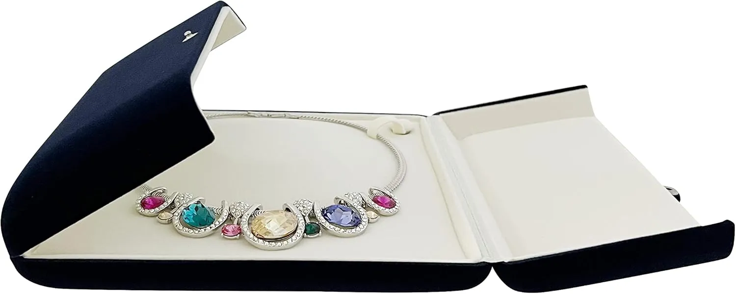 Dark Blue Velvet Banquet Large Necklace Pearl Strands Gift Box Packaging Premium Grade Velvet Unique Style Hard Shell Button Tight Large Room Inside Fine Exhibition Gift for Her (Jewelry not included)