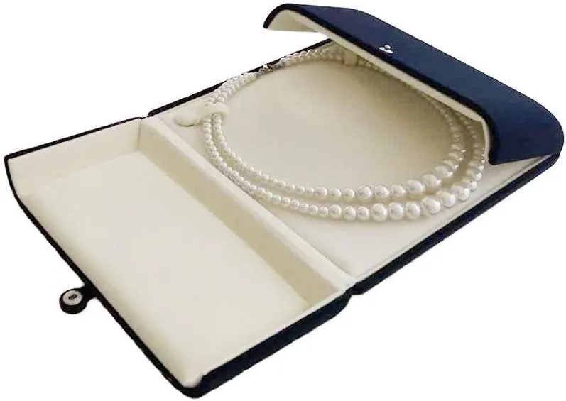 Dark Blue Velvet Banquet Large Necklace Pearl Strands Gift Box Packaging Premium Grade Velvet Unique Style Hard Shell Button Tight Large Room Inside Fine Exhibition Gift for Her (Jewelry not included)