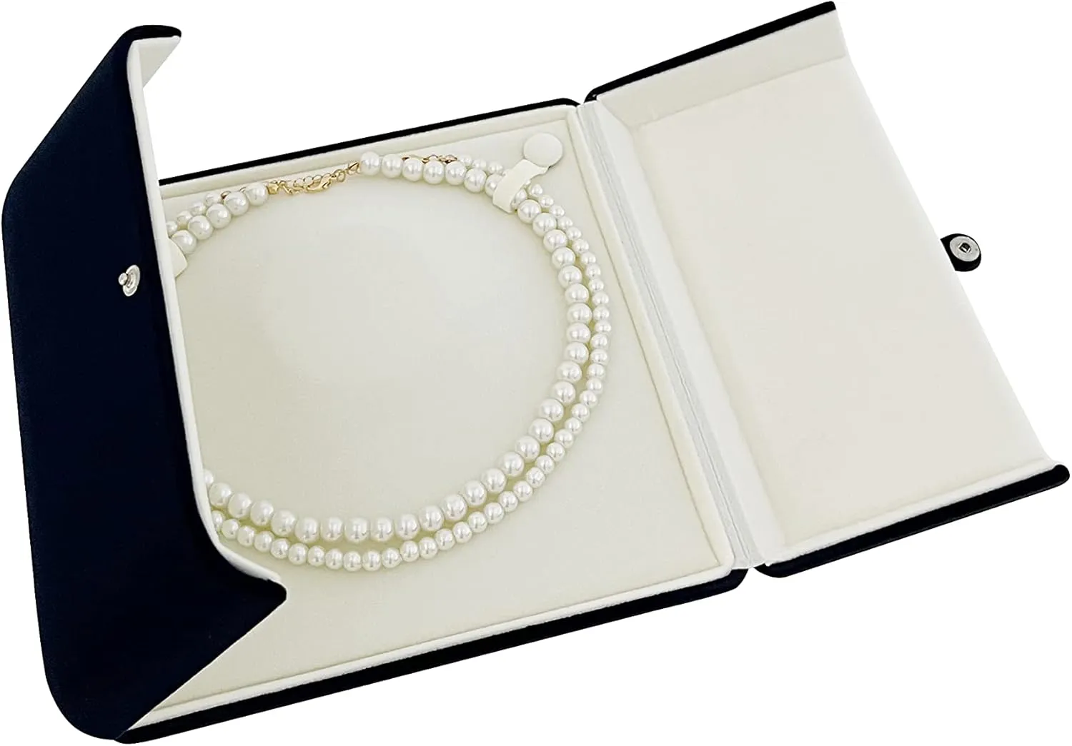 Dark Blue Velvet Banquet Large Necklace Pearl Strands Gift Box Packaging Premium Grade Velvet Unique Style Hard Shell Button Tight Large Room Inside Fine Exhibition Gift for Her (Jewelry not included)