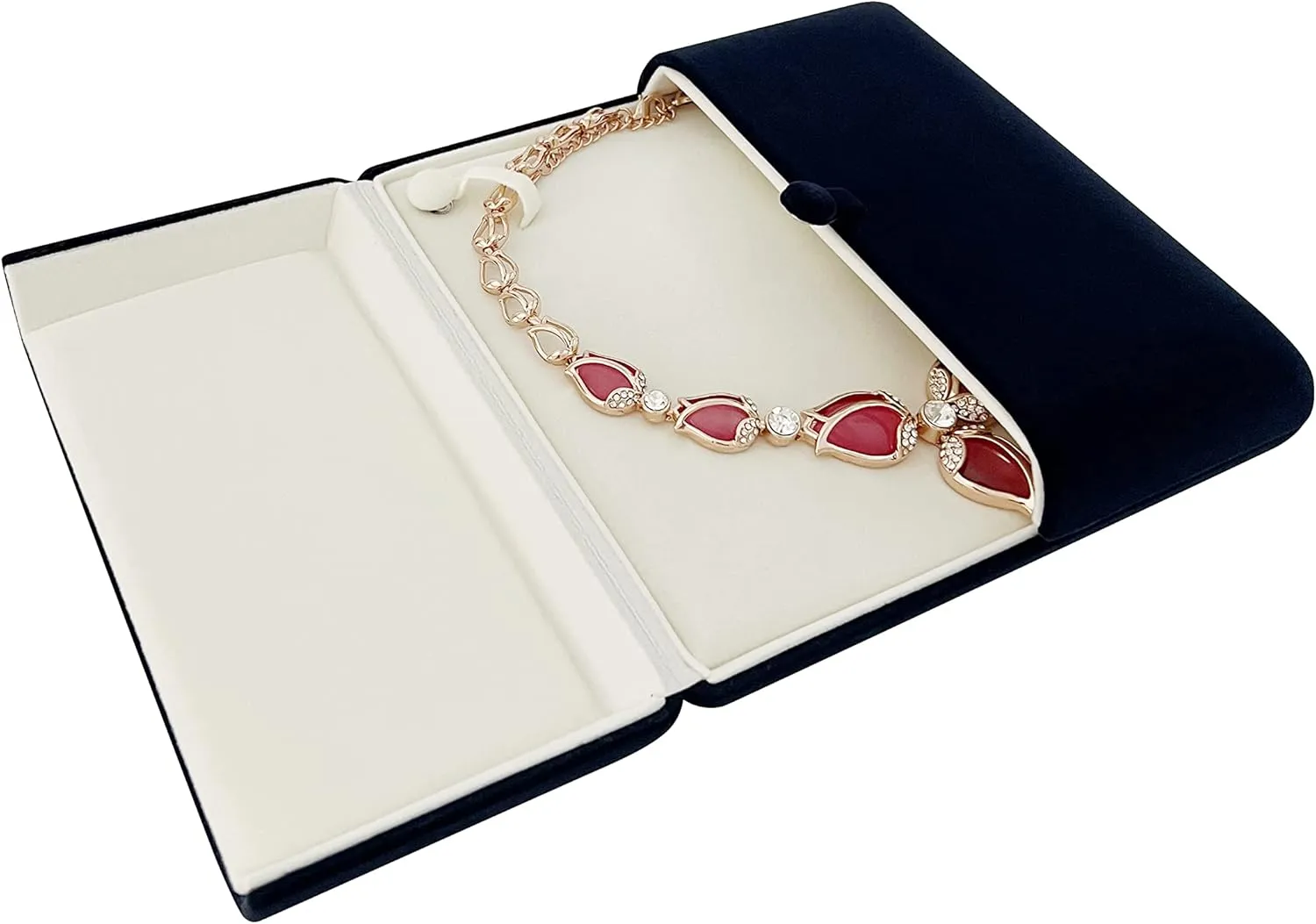 Dark Blue Velvet Banquet Large Necklace Pearl Strands Gift Box Packaging Premium Grade Velvet Unique Style Hard Shell Button Tight Large Room Inside Fine Exhibition Gift for Her (Jewelry not included)