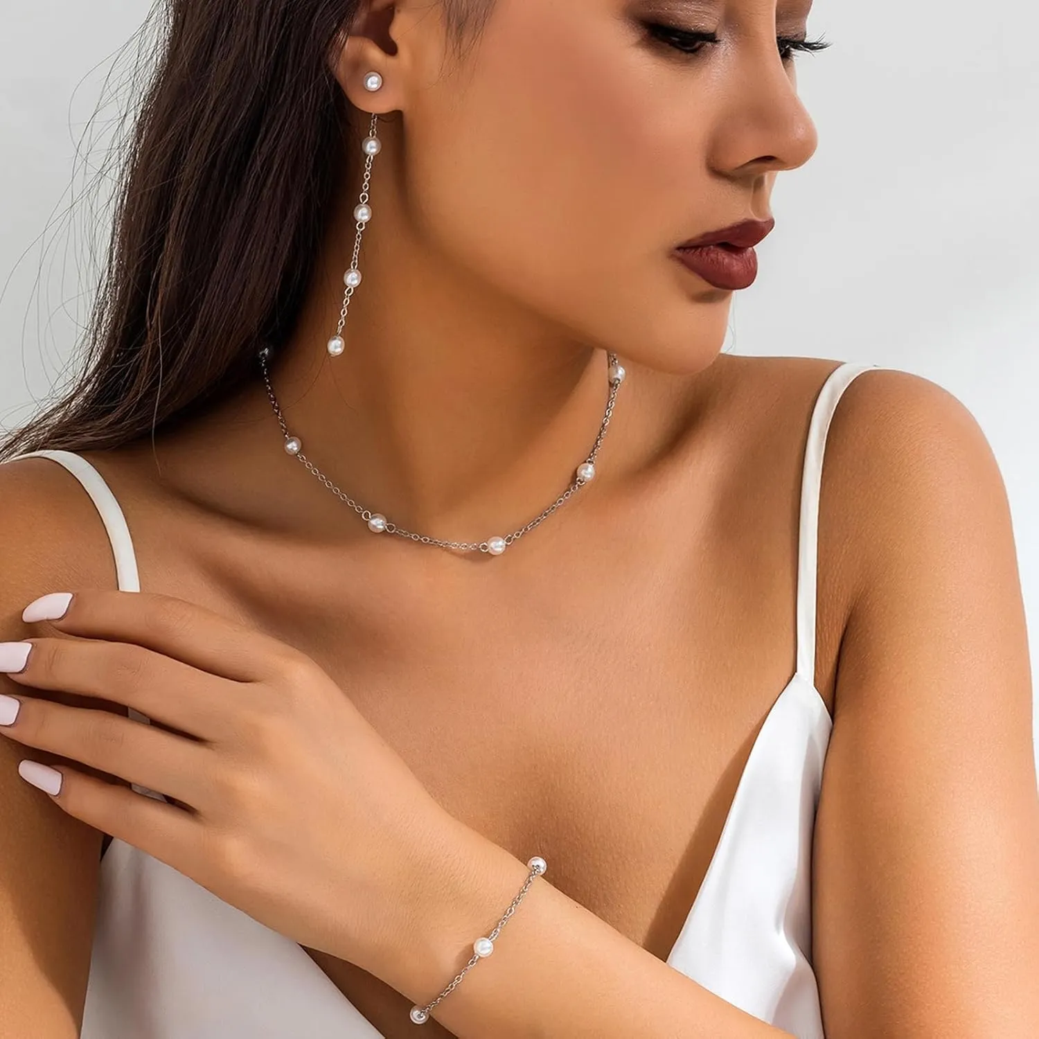 Dcfywl731 Pearl Jewelry Set for Women Pearls Necklace and Earring Set Chunky Pearl Necklaces for Women Prom Jewelry Big Pearls Charm Choker Wedding Jewelry Sets for Brides