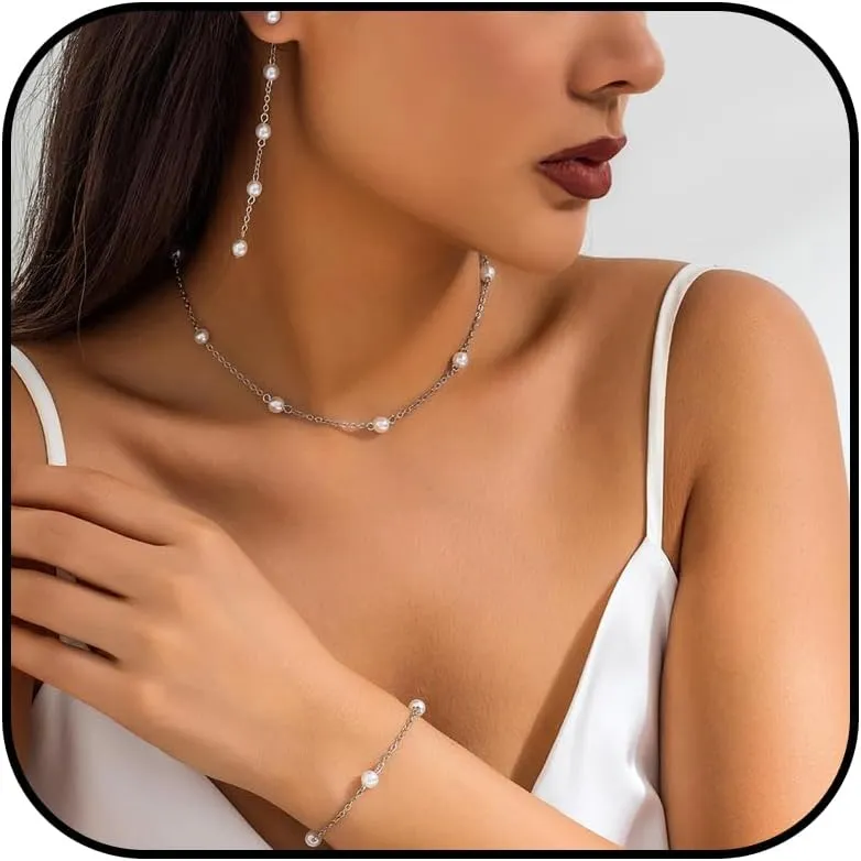 Dcfywl731 Pearl Jewelry Set for Women Pearls Necklace and Earring Set Chunky Pearl Necklaces for Women Prom Jewelry Big Pearls Charm Choker Wedding Jewelry Sets for Brides