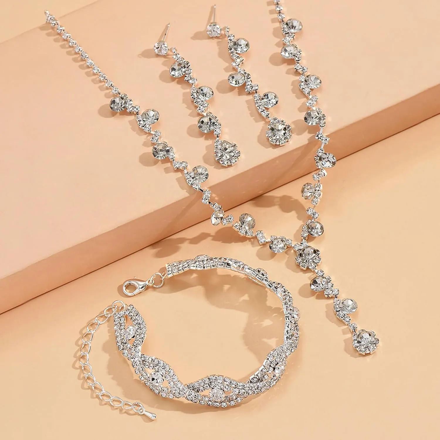 Dcfywl731 Silver Prom Jewelry Set Rhinestone Bridal Wedding Jewelry Sets for Brides Bridesmaid Formal Costume Jewelry Accessories for Wedding Prom Dresses 2025