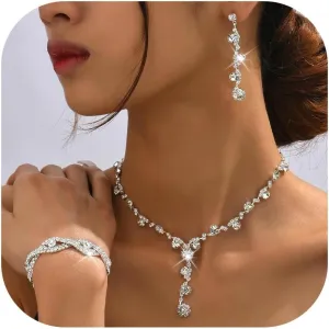 Dcfywl731 Silver Prom Jewelry Set Rhinestone Bridal Wedding Jewelry Sets for Brides Bridesmaid Formal Costume Jewelry Accessories for Wedding Prom Dresses 2025