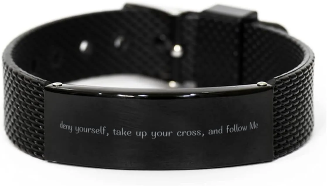 Deny Yourself, Take Up Your Cross, and Follow Me Matthew 16:24 Black Shark Mesh Bracelet Christian Friend Long Distance Friendship Prophetic Jewelry Soul Sisters
