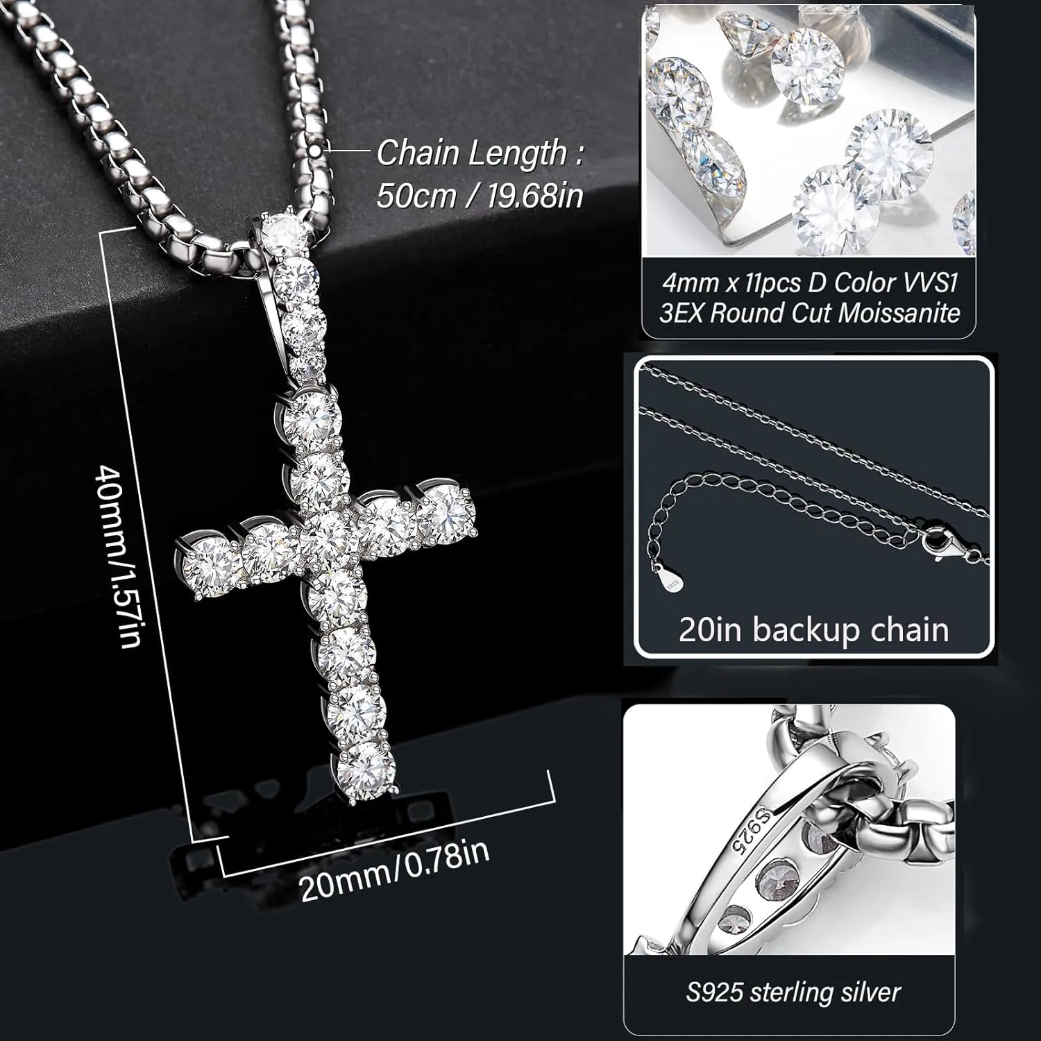 Diamond Cross Pendant for Men, Moissanite Necklace S925 Sterling Silver Pendant Charm Jewelry for Boyfriend Men Hiphop