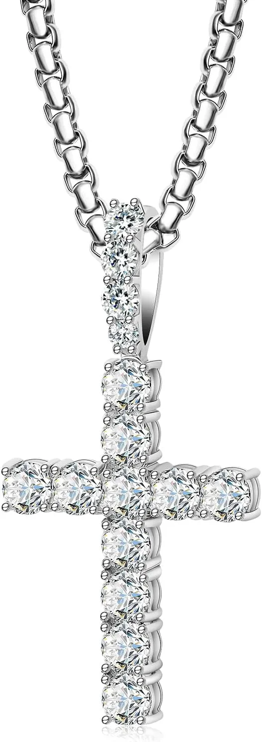 Diamond Cross Pendant for Men, Moissanite Necklace S925 Sterling Silver Pendant Charm Jewelry for Boyfriend Men Hiphop
