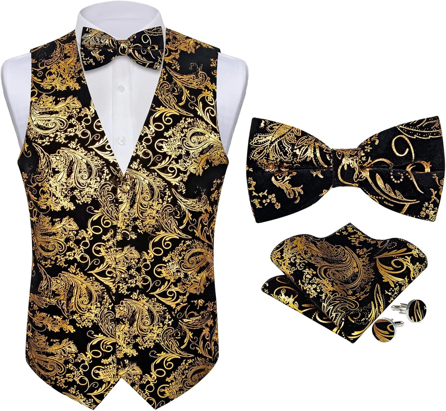 DiBanGu Black and Gold Velvet Vest for Men Hot Stamping Paisley Dress Waistcoat and Bow Tie Pocket Square Cufflinks Set Classic Prom Suit Vest for Party Dinner