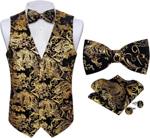 DiBanGu Black and Gold Velvet Vest for Men Hot Stamping Paisley Dress Waistcoat and Bow Tie Pocket Square Cufflinks Set Classic Prom Suit Vest for Party Dinner