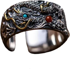 Dragon Rings for Men, Neo Chinese Style Feng Shui Rings, Vintage 925 Sterling Silver Gothic Wealth Money Lucky Ring, Adjustable Ring, Classic Chinese Dragon Guardian Ring