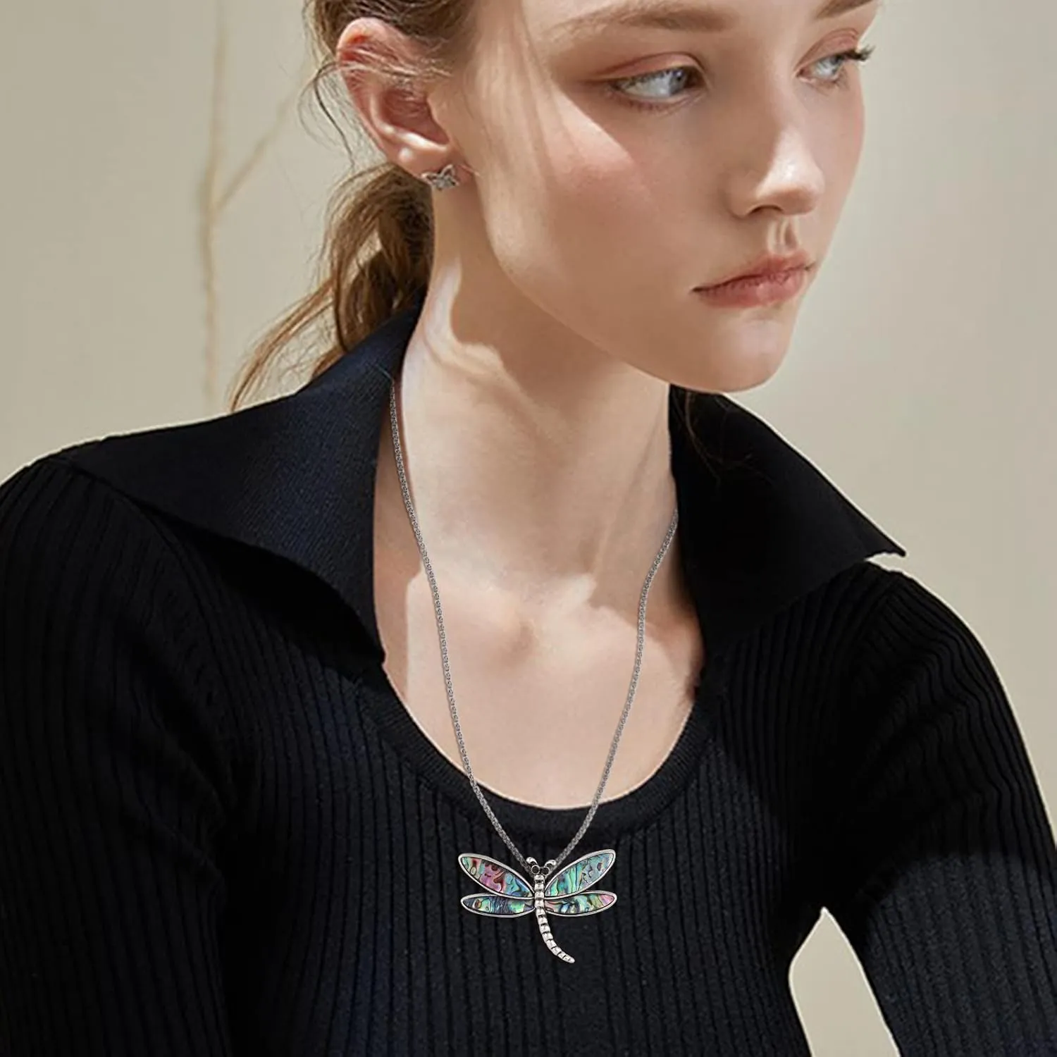Dragonfly Necklace for Women Dragonfly Pendant with Coulorful Shell Long Dragonfly Necklace Large Dragonfly Jewelry Gift for Wemen (24 inches)