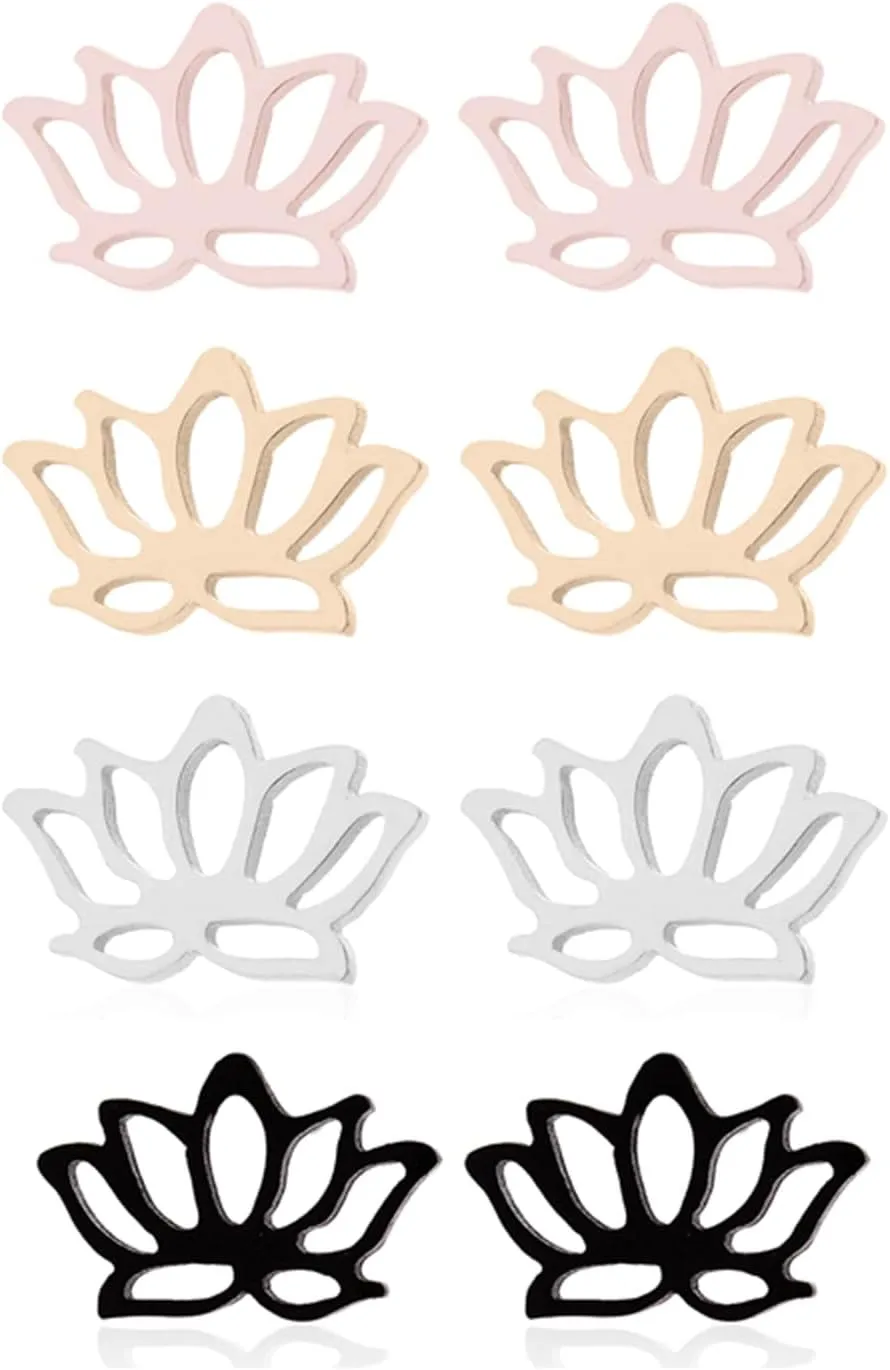 Dreuyet Lotus Flower Stud Earrings - Stainless Steel Yoga Dainty Wire Balinese Style