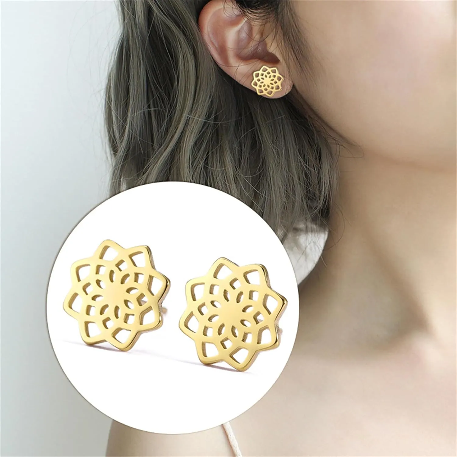 Dreuyet Lotus Flower Stud Earrings - Stainless Steel Yoga Dainty Wire Balinese Style
