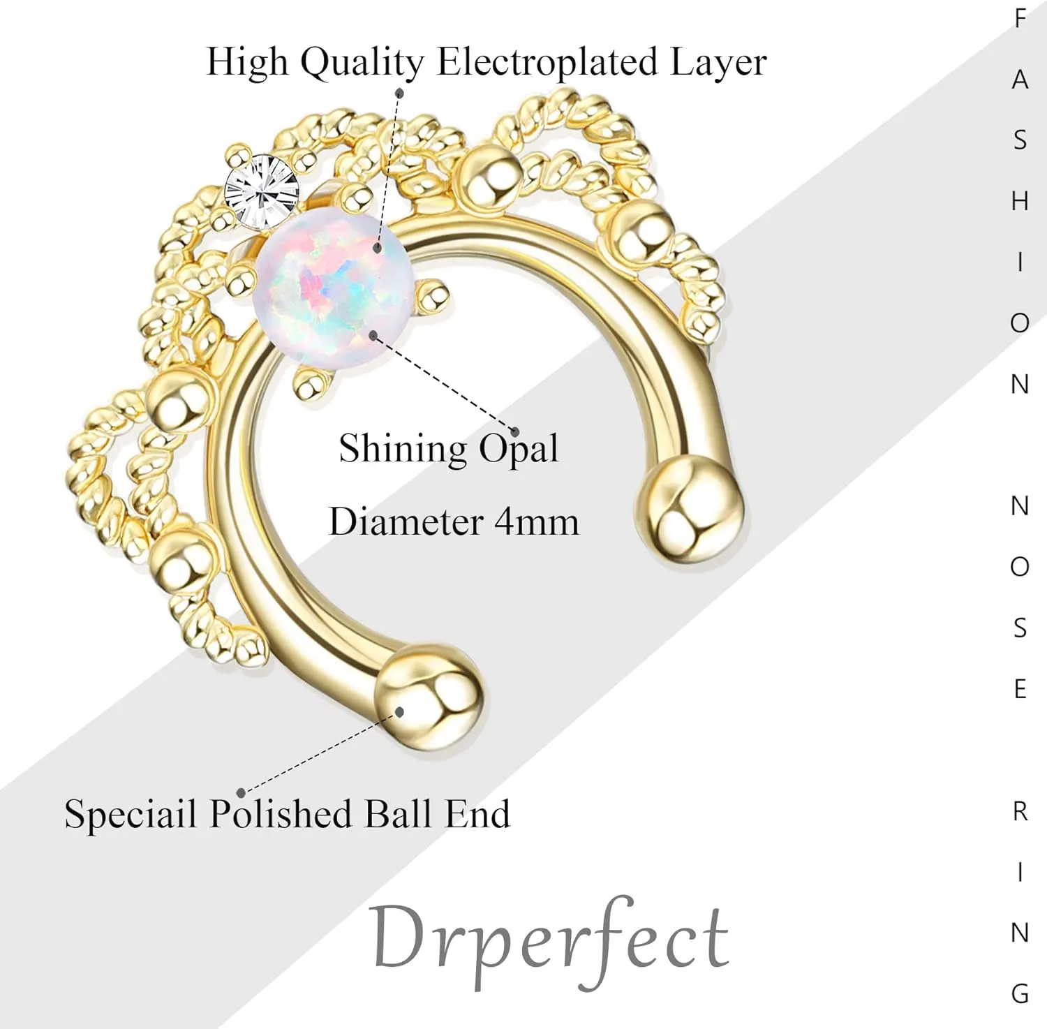 Drperfect 6Pcs Opal Fake Septum Ring for Women CZ Nose Ring Non-Pierced Clip On Nose Hoop Jewelry