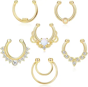 Drperfect 6Pcs Opal Fake Septum Ring for Women CZ Nose Ring Non-Pierced Clip On Nose Hoop Jewelry
