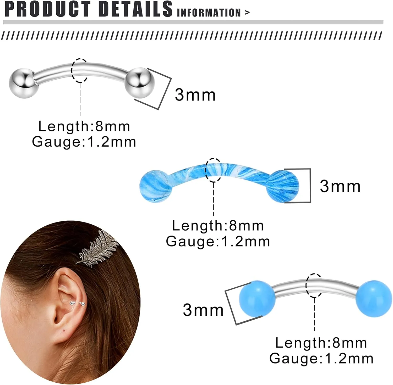 Drperfect Rook Daith Piercing Jewelry 16G Surgical Steel 6mm 8mm 10mm Curved Barbell Eyebrow Rings Helix Tragus Snug Lip Belly Button Piercing Rook Daith Earrings for Women Men