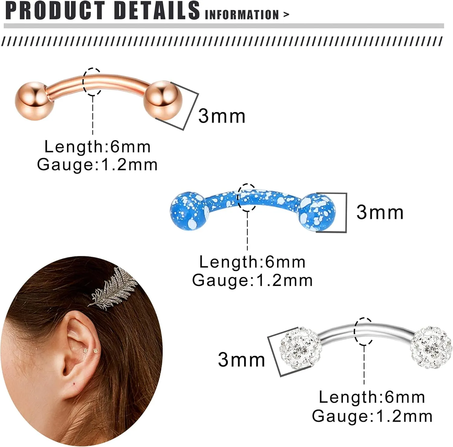Drperfect Rook Daith Piercing Jewelry 16G Surgical Steel 6mm 8mm 10mm Curved Barbell Eyebrow Rings Helix Tragus Snug Lip Belly Button Piercing Rook Daith Earrings for Women Men