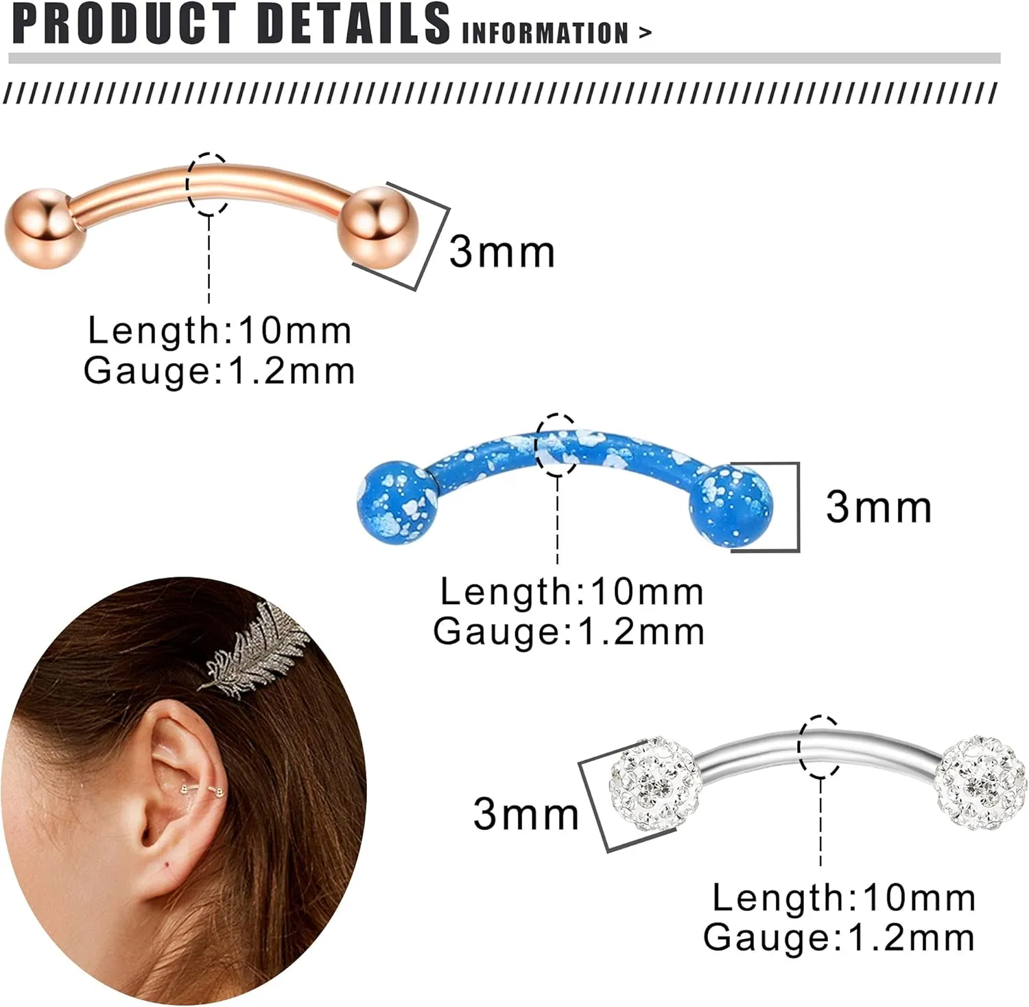 Drperfect Rook Daith Piercing Jewelry 16G Surgical Steel 6mm 8mm 10mm Curved Barbell Eyebrow Rings Helix Tragus Snug Lip Belly Button Piercing Rook Daith Earrings for Women Men