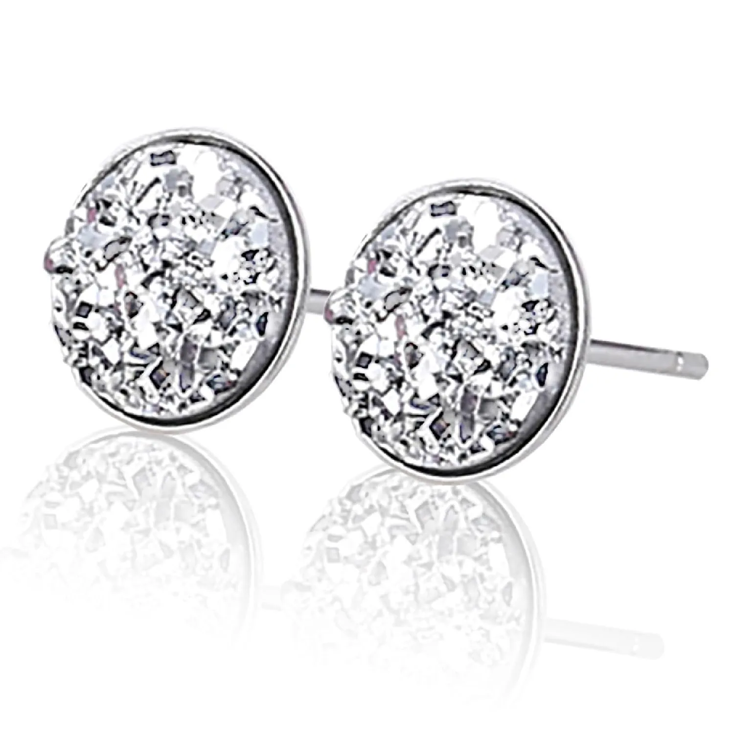 Druzy Stud Earrings, 8mm Silver-tone Faux Druzy Earrings, 925 Sterling Silver Crystal Studs Earrings for Women (Silver)
