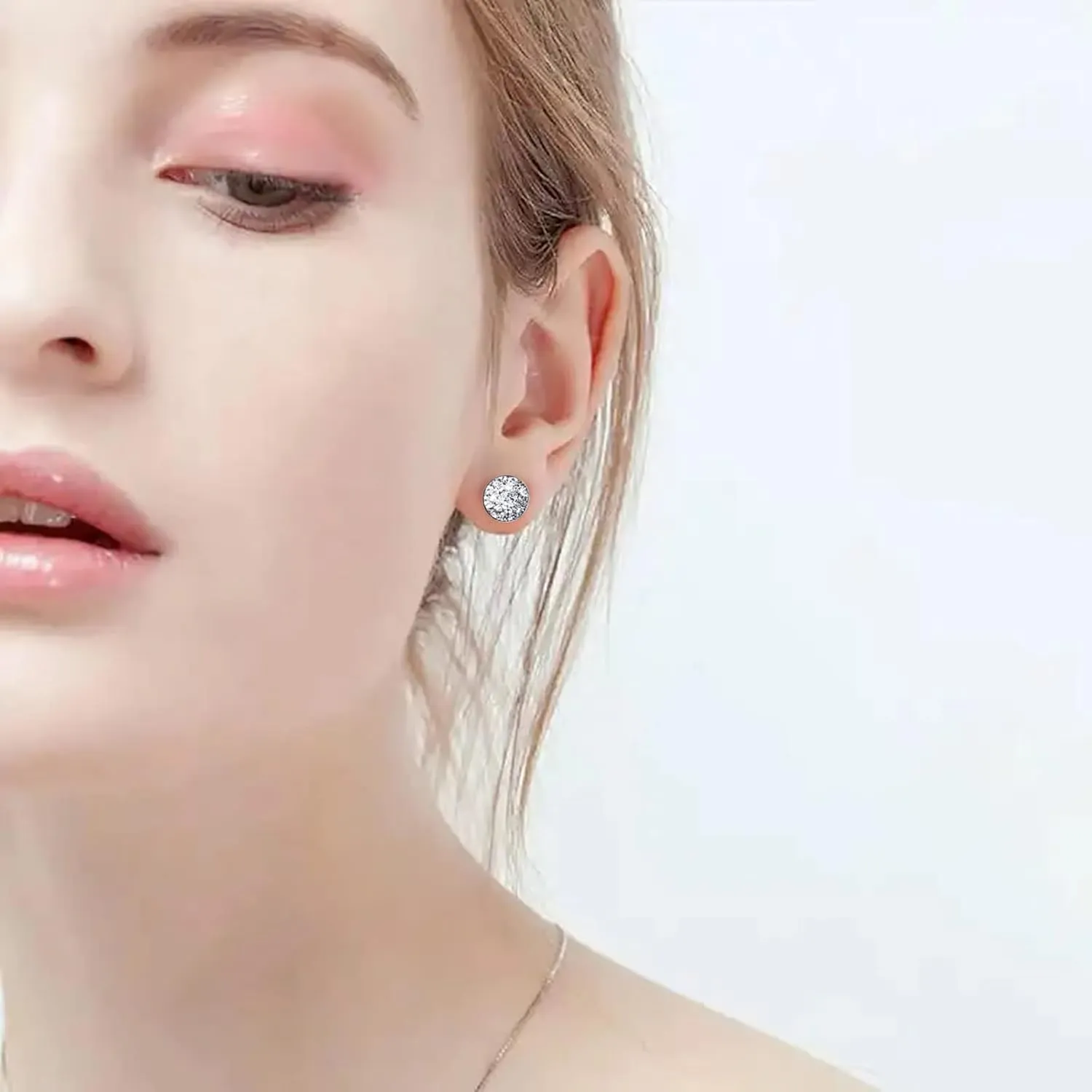 Druzy Stud Earrings, 8mm Silver-tone Faux Druzy Earrings, 925 Sterling Silver Crystal Studs Earrings for Women (Silver)