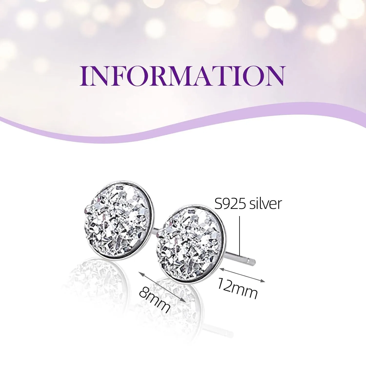 Druzy Stud Earrings, 8mm Silver-tone Faux Druzy Earrings, 925 Sterling Silver Crystal Studs Earrings for Women (Silver)