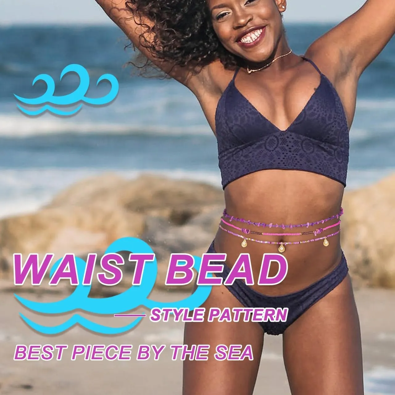 ELABEST African Crystal Waist Beads for Women Stretching 3Pcs Stone Belly Beads Colorful Handmade Beaded Waist Jewelry Accessories Body Chain