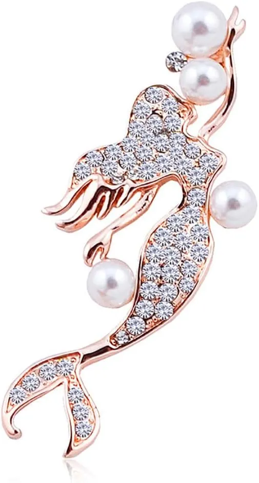 Elegant Mermaid Fish Lapel Brooch Pin Cubic Zirconia Rhinestone Faux Pearl Ocean Sea Animal Pins Clip Shawl Sweater Scarves Badges Brooches Pins Dainty Jewelry Gifts for Women Girls Clothes Accessories