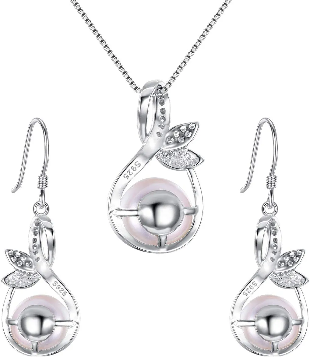 EleQueen 925 Sterling Silver CZ AAA Button Cream Freshwater Cultured Pearl Bridal Jewelry Necklace Earrings Set Ivory for Women, Valentine's Day/Mother's Day/Christmas Jewelry Gift for Girlfriend/Mom