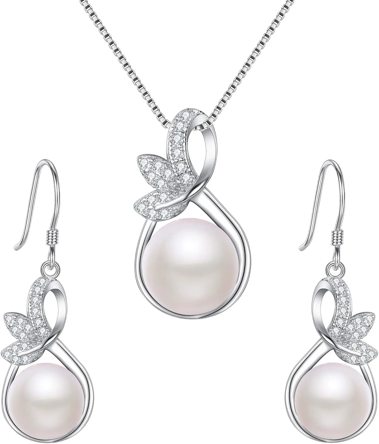 EleQueen 925 Sterling Silver CZ AAA Button Cream Freshwater Cultured Pearl Bridal Jewelry Necklace Earrings Set Ivory for Women, Valentine's Day/Mother's Day/Christmas Jewelry Gift for Girlfriend/Mom