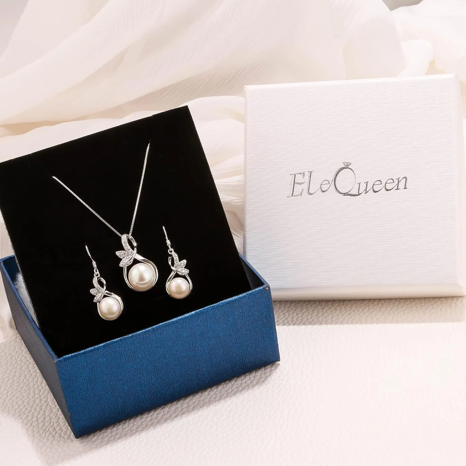 EleQueen 925 Sterling Silver CZ AAA Button Cream Freshwater Cultured Pearl Bridal Jewelry Necklace Earrings Set Ivory for Women, Valentine's Day/Mother's Day/Christmas Jewelry Gift for Girlfriend/Mom