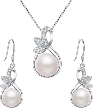 EleQueen 925 Sterling Silver CZ AAA Button Cream Freshwater Cultured Pearl Bridal Jewelry Necklace Earrings Set Ivory for Women, Valentine's Day/Mother's Day/Christmas Jewelry Gift for Girlfriend/Mom
