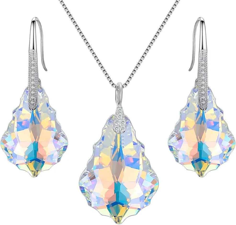 EleQueen 925 Sterling Silver CZ Baroque Drop Pendant Necklace Dangle Earrings Set Made with Austrian Crystal, Valentine's Day/Mother's Day/Christmas Jewelry Gift