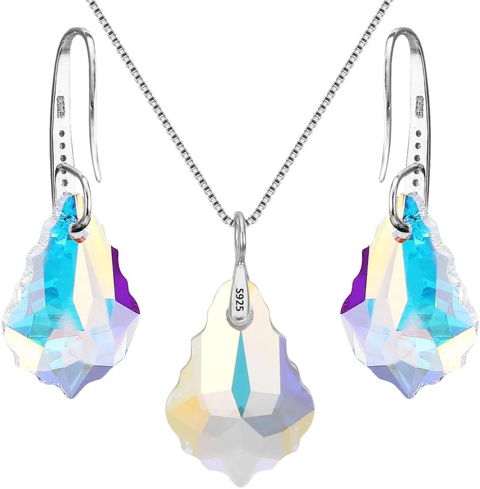 EleQueen 925 Sterling Silver CZ Baroque Drop Pendant Necklace Dangle Earrings Set Made with Austrian Crystal, Valentine's Day/Mother's Day/Christmas Jewelry Gift